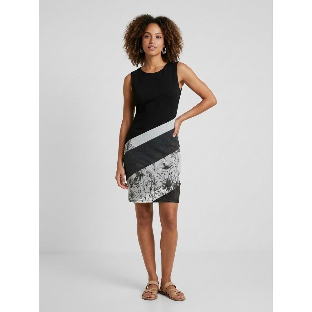 Desigual Womens Floral Colorblock Sleeveless Sheath Dress Black Gray 18SWVKBE L